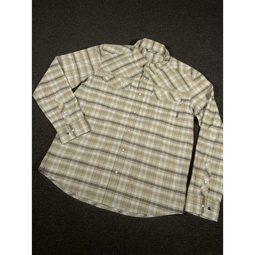 Stio Pearl Snap Shirt Men's Large Plaid Beige Long Sleeve Performance Eddy Tech
